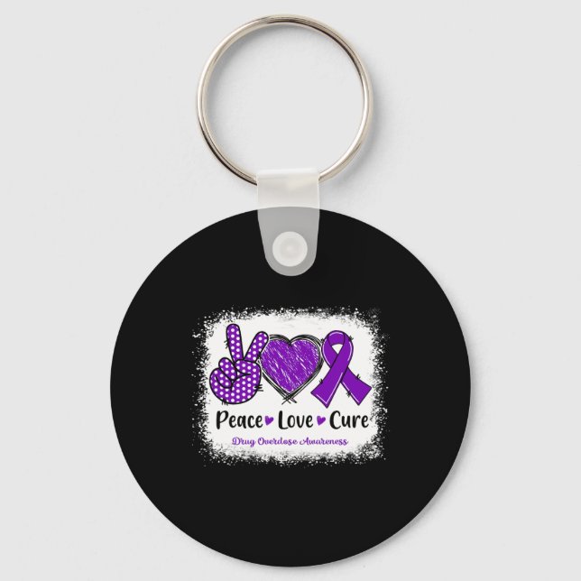 Peace Love Cure Drug Overdose Awareness Purple Rib Key Ring (Front)