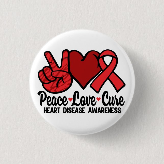 Peace Love Cure Heart Disease Awareness Red Ribbon 3 Cm Round Badge (Front)