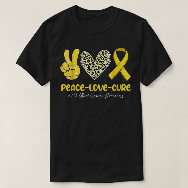 Peace Love Cure-Heart Leopard Childhood Cancer Awa T-Shirt (Design Front)