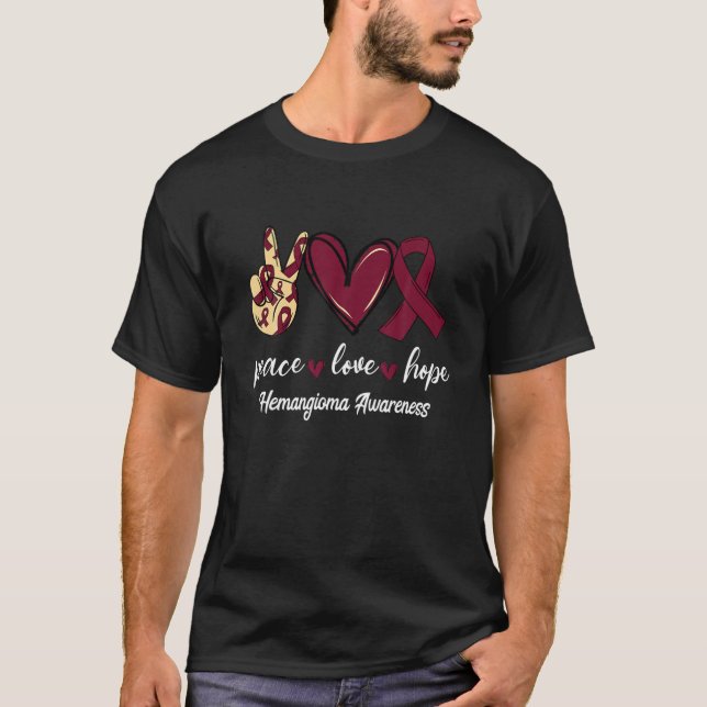 Peace Love Cure Hemangioma Burgundy Ribbon Awarene T-Shirt (Front)