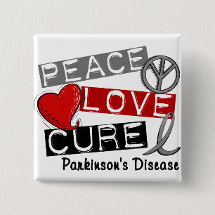 PEACE LOVE CURE PARKINSONS DISEASE 15 CM SQUARE BADGE