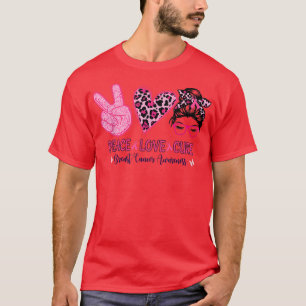 Peace Love Cure Pink Leopard Messy Bun Breast Canc T-Shirt