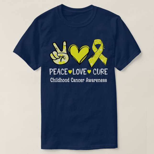 Peace Love Cure Pink Ribbon Childhood Cancer Aware T-Shirt (Design Front)