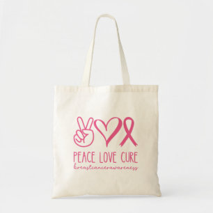 Peace Love Cure Pink Ribbon Warrior Breast Cancer Tote Bag
