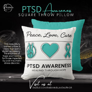 Peace, Love, Cure PTSD Awareness Square Cushion