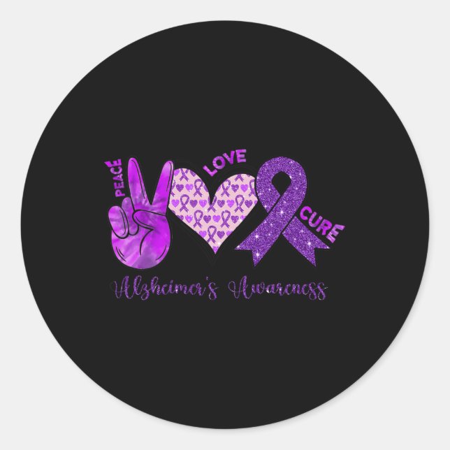Peace Love Cure Purple Ribbon Alzheimer's Awarenes Classic Round Sticker (Front)