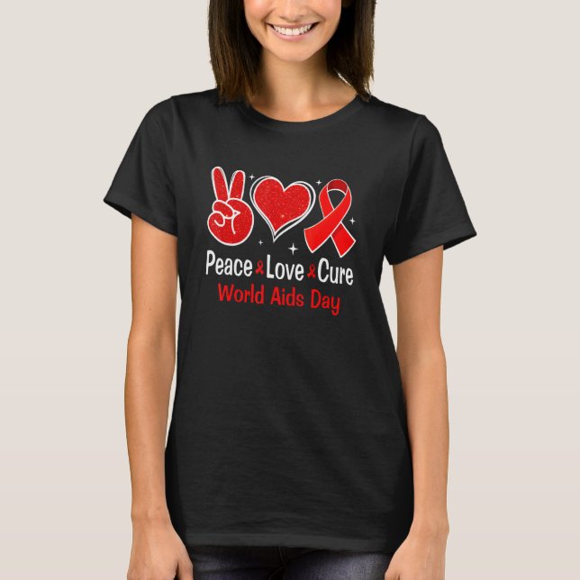 Peace Love Cure Red Ribbon Week Awareness Wear Red T-Shirt (Front)