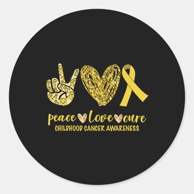 Peace Love Cure Ribbon Childhood Cancer Awareness  Classic Round Sticker (Front)