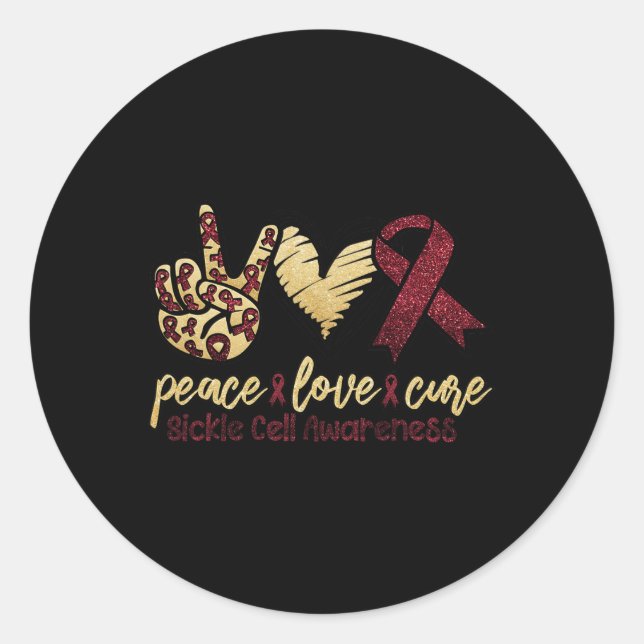 Peace Love Cure Sickle Cell Awareness Burgundy Rib Classic Round Sticker (Front)