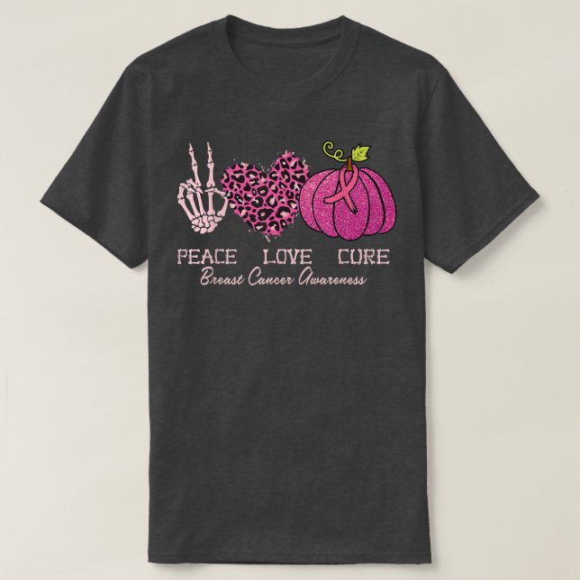 Peace Love Cure Skeleton Pink Leopard Pumpkin Brea T-Shirt (Design Front)