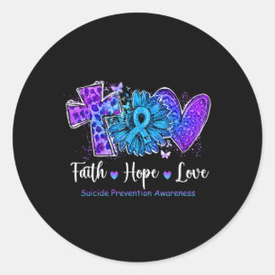 Peace Love Cure Teal and Purple Sunflower Suicide  Classic Round Sticker