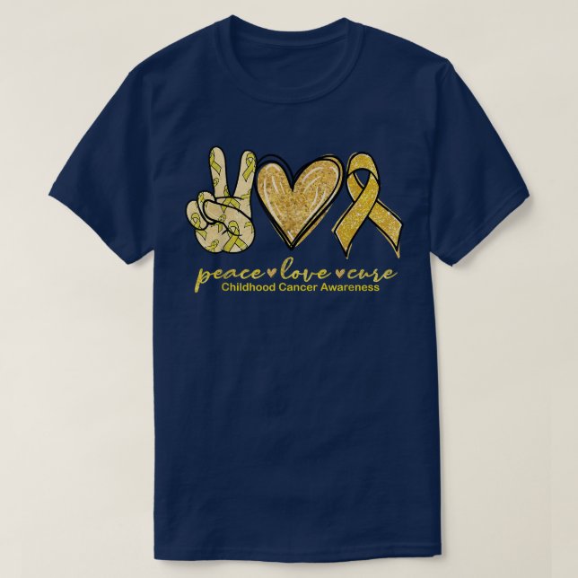 Peace Love Cure Yellow Ribbon Childhood Cancer Awa T-Shirt (Design Front)
