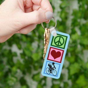 Peace Love Cycling Cute Blue Cyclist Custom Key Ring