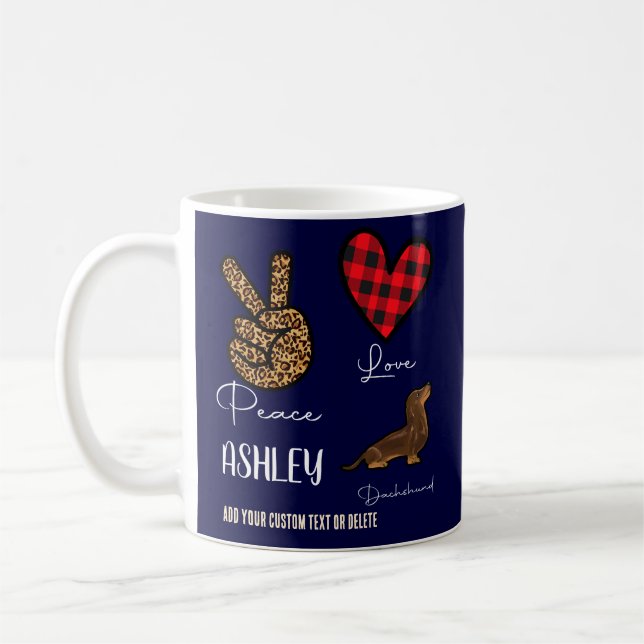 Peace Love Dachshund Plaid Cute Dog Lover Mug (Left)