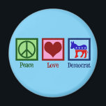 Peace Love Democrat Donkey Cute Blue Magnet<br><div class="desc">This cute democratic party magnet features a cool liberal design of a peace sign,  heart,  and red,  white,  and blue donkey. Peace Love Democrat.</div>