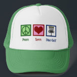 Peace Love Disc Golf Trucker Hat<br><div class="desc">A cute disc golfing Christmas gift featuring a peace sign,  heart,  and flying disc golf baskets used by a golfer. Cool disc golf course present.</div>