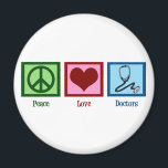 Peace Love Doctors Magnet<br><div class="desc">A peace sign,  heart,  and a doctor's stethoscope.</div>