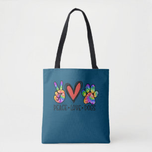 Peace Love Dogs Paws Tie Dye Rainbow Animal Rescue Tote Bag