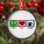 Peace Love Drums Christmas Metal Tree Decoration<br><div class="desc">A peace sign,  heart,  and a cool drum design on a cute Peace Love Drums Christmas ornament gift for a great drummer.</div>