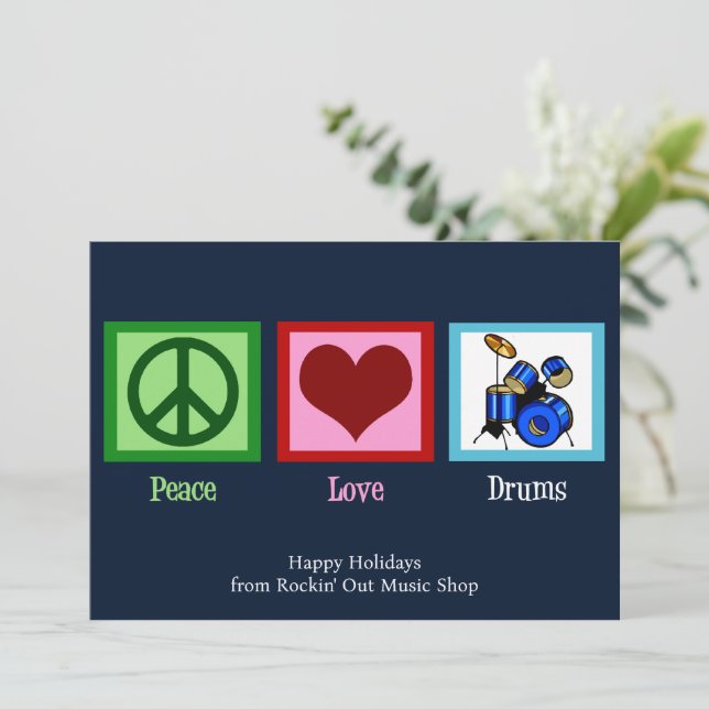Peace Love Drums Custom Music Shop Christmas Holiday Card (Standing Front)