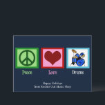 Peace Love Drums Custom Music Shop Christmas Holiday Card<br><div class="desc">A cool drummer Christmas card for a musical instrument store owner who likes to rock out on a drum set. Peace Love Drums holiday cards for a rocker who plays rock and roll music in a band.</div>