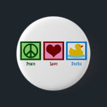 Peace Love Ducks 6 Cm Round Badge<br><div class="desc">Perfect pretty gift for someone who loves ducks or baby friendly presents. A green peace sign,  redheart,  and a cute yellow rubber ducky.</div>