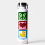 Peace Love Ducks Cute Personalised Duck Water Bottle<br><div class="desc">Personalised pretty gift for someone who loves a duck team mascot. A green peace sign,  redheart,  and a cute yellow rubber ducky. Peace Love Ducks water bottle.</div>