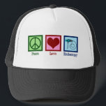 Peace Love Endoscopy Trucker Hat<br><div class="desc">Peace Love Endoscopy. A cute gift featuring a peace sign,  heart,  and endoscope used in medical procedures to scope a patient.</div>