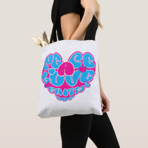 Peace Love Faith Joy Aqua Pink Heart Retro Tote Bag
