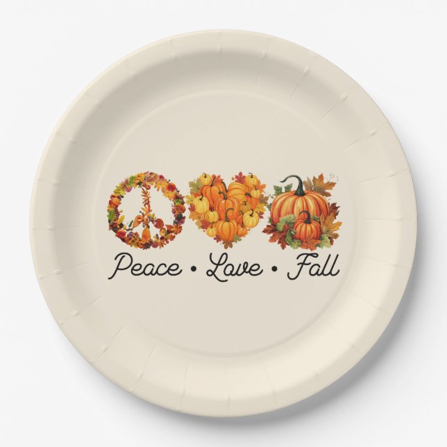 Peace, Love, Fall – Cosy Autumn Vibes with Pumpkin Paper Plate (Front)