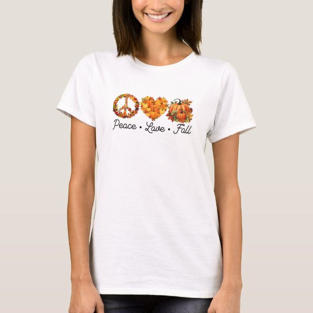 Peace, Love, Fall – Cosy Autumn Vibes with Pumpkin T-Shirt (Front)