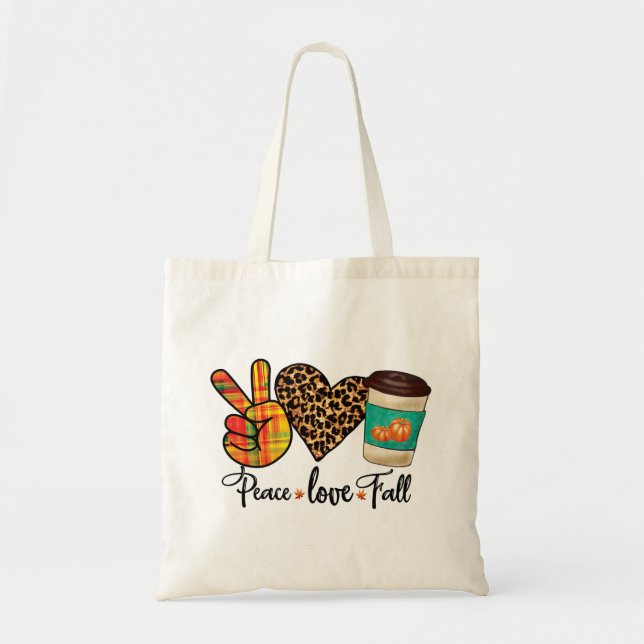 Peace, Love, Fall Leopard Pumpkin Spice Latte Tote Bag (Front)