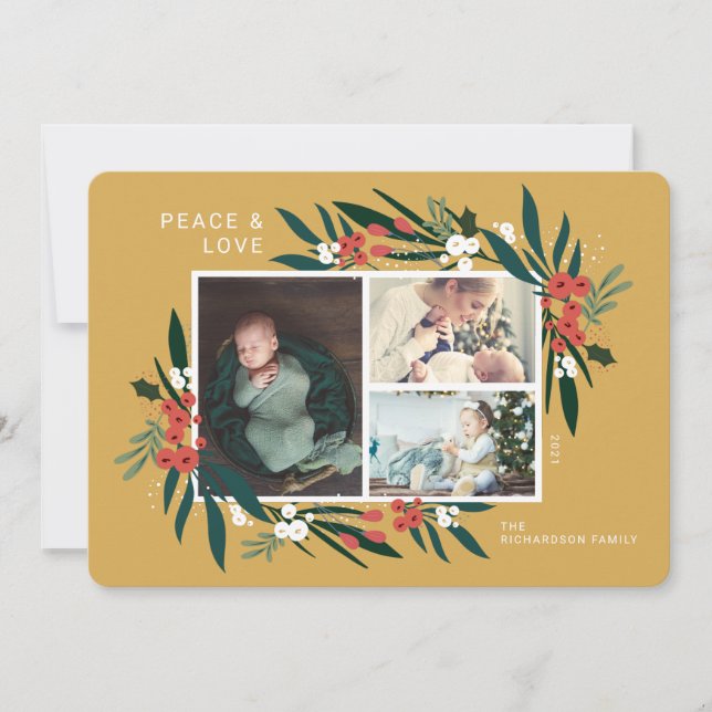 Peace & Love Festive Cranberry & Foliage Photo Holiday Card (Front)