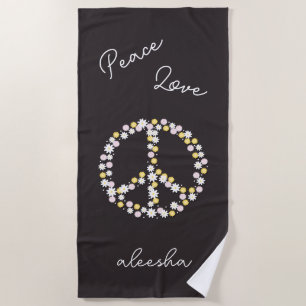 Peace Love Floral Peace Sign Personalised Beach Towel