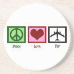 Peace Love Fly Coaster<br><div class="desc">A peace sign,  heart,  and an aeroplane. This is a cute gift for a pilot,  flight attendant,  or someone who likes to travel.</div>