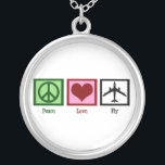 Peace Love Fly Silver Plated Necklace<br><div class="desc">A peace sign,  heart,  and an aeroplane. This is a cute gift for a pilot,  flight attendant,  or someone who likes to travel.</div>