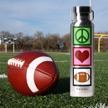 Peace Love Football Personalized Water Bottle<br><div class="desc">Personalize this cute Peace Love Football water bottle with a player or coach name under the peace sign,  heart,  and ball. A cool sports gift for Christmas.</div>