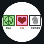 Peace Love Forensics Classic Round Sticker<br><div class="desc">If you find forensic science fascinating, this is the perfect design. It features a peace sign, heart, and fingerprint.</div>