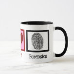 Peace Love Forensics Mug<br><div class="desc">A cool forensic science mug for a scientist or crime scene expert who finds true crime and solving cases fascinating. It features a peace sign, heart, and fingerprint. A cute gift for a crime lab analyst or technician who reviews evidence to investigate and solve cases. Obsessed with murder podcasts and...</div>