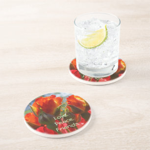 Peace Love Friends sandstone coasters Red Roses