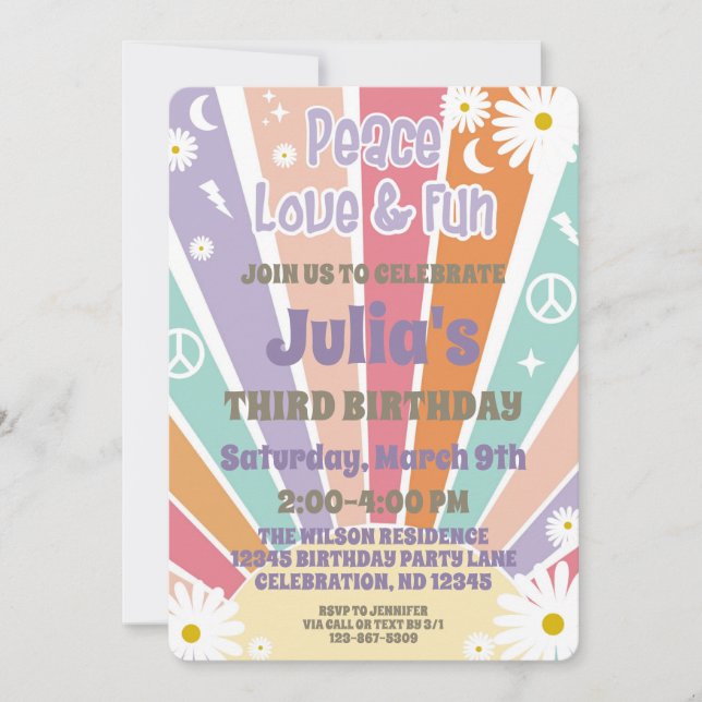 Peace Love & Fun Groovy Hippy Sun & Daisy Girl Invitation (Front)