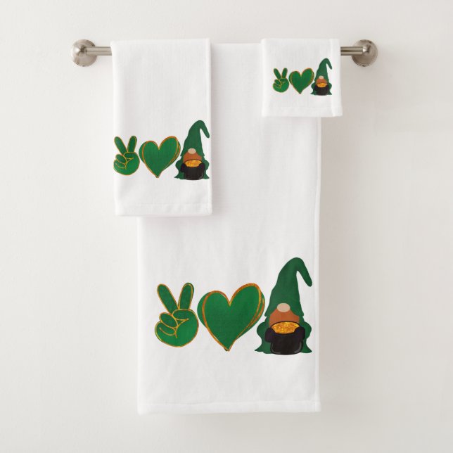 Peace Love Gnome | St Patrick's Day Sublimation Bath Towel Set (Insitu)