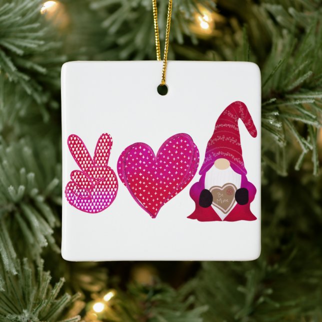 Peace Love Gnome | Valentine Day Sublimation Ceramic Ornament (Tree)