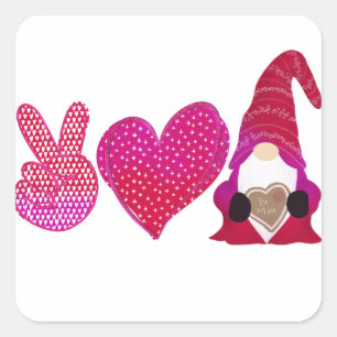Peace Love Gnome   Valentine Day Sublimation Square Sticker