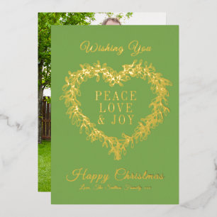 Peace, love gold green mistletoe heart Christmas Foil Holiday Card