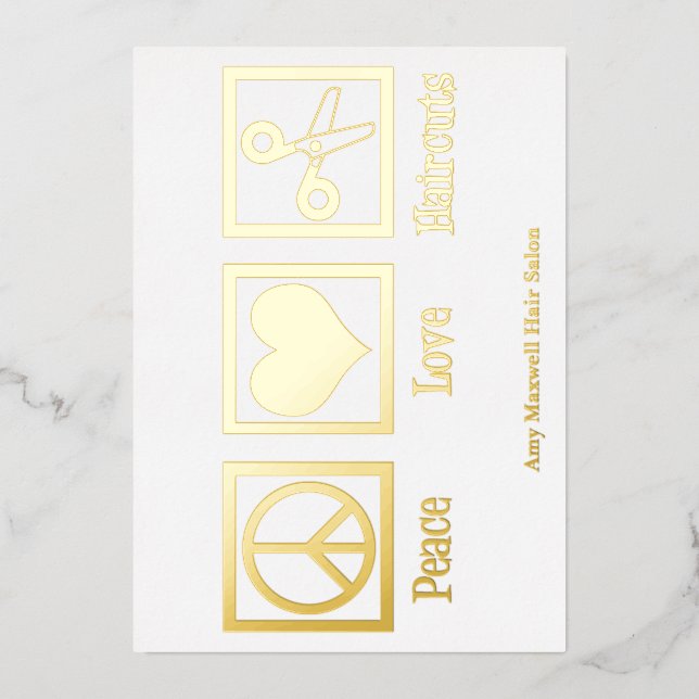 Peace Love Haircuts Custom Hair Stylist Salon Gold Foil Holiday Card (Front)