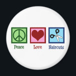 Peace Love Haircuts Magnet<br><div class="desc">PEACE LOVE HAIRCUTS magnet for your favorite hair stylist who cuts hair at a beauty salon after graduation from cosmetology school. This cool hairdresser design features a peace sign,  heart,  and pair of scissors.</div>