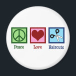 Peace Love Haircuts Magnet<br><div class="desc">PEACE LOVE HAIRCUTS magnet for your favorite hair stylist who cuts hair at a beauty salon after graduation from cosmetology school. This cool hairdresser design features a peace sign,  heart,  and pair of scissors.</div>