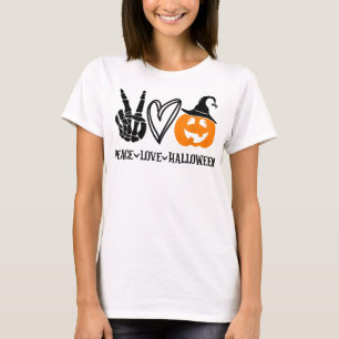 Peace Love Halloween Shirt Funny Skeleton Hand Pum