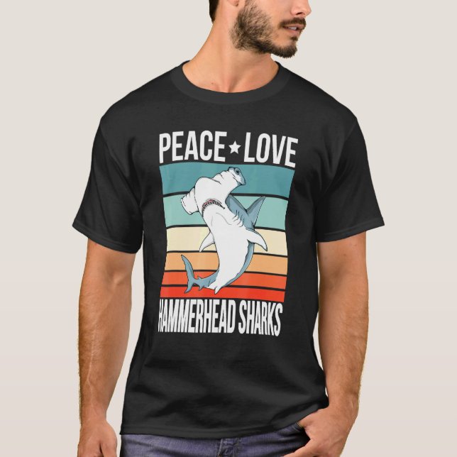 Peace Love Hammerhead Sharks Retro Art Hammer Fish T-Shirt (Front)